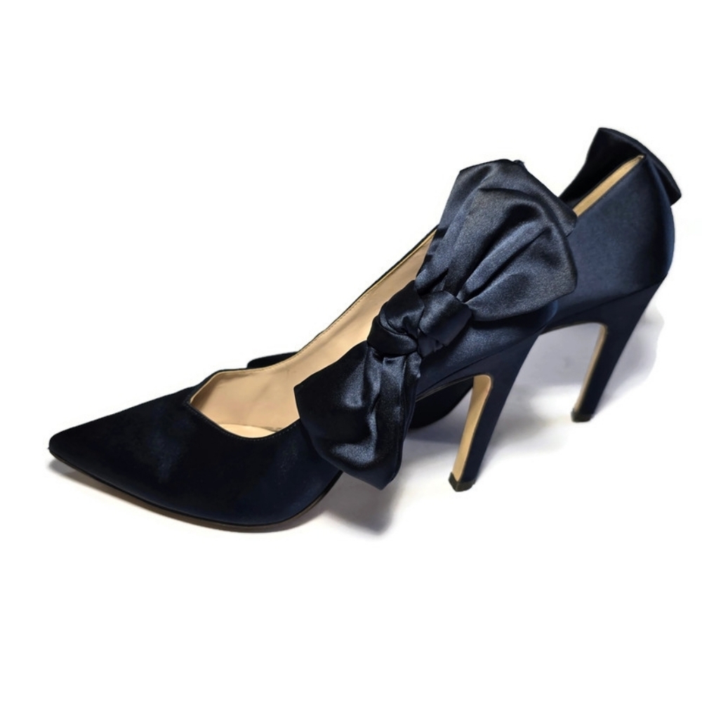 Nine West Blue Satin Oversized Bow Pumps Stilettos Heels Sz 8.5 Pointed - Picture 2 of 16